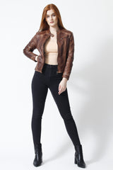 Braune Damen Jacke kurz im Vintage Washed Lammnappa und Stehkragen