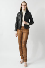 Damen Bikerjacke mit Kapuze in schwarz Lammnappa und stoffkapuze abtrennbar