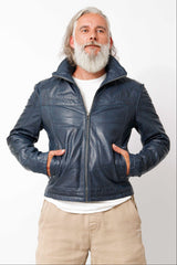 Kurze Herren Lederjacke aus Lammnappa in Dark Blue washed wattiert