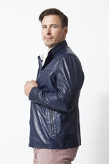 Dünne Herren Lederjacke aus Lammnappa in Blau mit zwei Eingriffstaschen