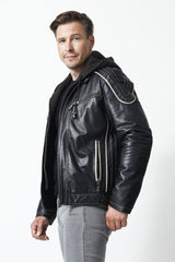 echte leichte kurze schwarze Herren Lederjacke mit abnehmbarer Kapuze