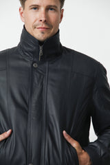 leichte Übergangslederjacke mit Bund aus Lammleder in dunkelblau mit schwarz