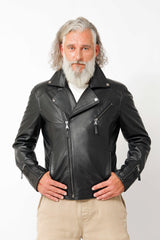 Kurze Herren Bikerstyle Lammnappalederjacke schwarz feinste Qualität mit Asymmetrischen Reißverschluss