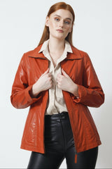 kurze echte Damen Lederjacke Lammnappa in orange halblang, Reißverschluss, Einschubtaschen, Innentaschen
