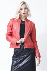 Taillierte Damen Kurzjacke mit Stehkragen in Lammnappa rot, Leder Schmidt