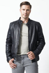 Herren Biker Lederjacke Schwarz aus Lammnappa mit Stehkragen