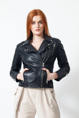 Damen Biker Lederjacke schwarz Lammnappa mit Steppnähte und viele Zipper