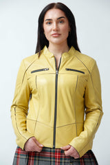 Kurze dünne Damen Lammnappa Lederjacke in Yellow mit Stehkragen tailliert