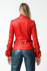 Kurze Damen Lederjacke Lammnappa mit Lasercut Rot Stehkragen und Gürtel