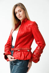 Kurze Damen Lederjacke Lammnappa mit Lasercut Rot Stehkragen und Gürtel