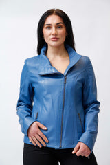 Kurze Blaue Damen Lammnappa Lederjacke tailliert mit asymmetrischen Reißverschluss