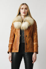 leichte Damen Lederjacke in Lammnappa cognac und croco-optik mit Goldfuchskragen