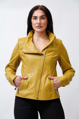 Kurze Damen Lammnappa Lederjacke Gelb tailliert mit asymmetrischen Reißverschluss