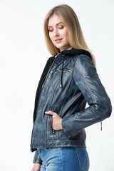 Damen Bikerstyle Lederjacke, Lammnappa Jeansblau washed Look tailliert mit Stoffkapuze