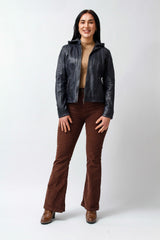 Kurze Bikerstyle Damenlederjacke in Navy vintage Lammnappa mit abnehmbare Kapuze