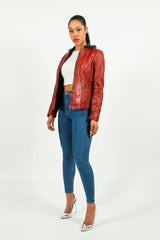 Kurze Bikerstyle Damenlederjacke in Rot vintage Lammnappa mit abnehmbare Kapuze