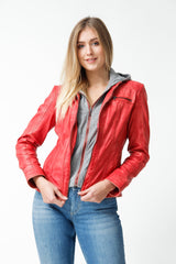 Damen Bikerstyle Lederjacke, Lammnappa rot washed Look mit Stoffkapuze abtrennbar