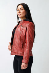 Damen Bikerstyle Lederjacke, Lammnappa red tailliert vintage Look mit Stoffkapuze
