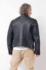 Kurze Herren Lederjacke aus gesteppten Lammnappa in Blau mit Stehkragen