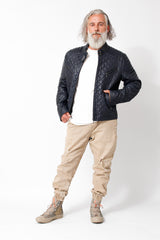 Kurze Herren Lederjacke aus gesteppten Lammnappa in Blau mit Stehkragen