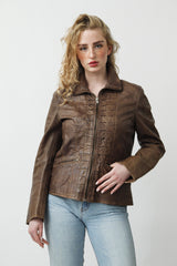 Kurze Damen Lederjacke in Teakwood Braun vintage Look aus Lammnappa