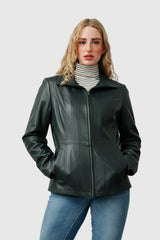 Kurze duenne Damen Lederjacke aus Lammnappa Petrol tailliert ohne Wattierung