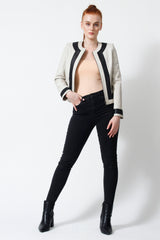 Damen Bolero in Ziegennappa ivory mit Kontrast schwarz perforiert