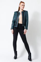 Damen Bolero in Ziegennappa Petrol mit Kontrast schwarz perforiert