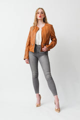 Kurzer Damen Lederbolero aus Lammnappa amaretto washed Look ohne Kragen