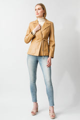 Eleganter Damen Lederblazer Sakko in camel aus Lammnappa mit Gürtel