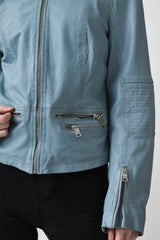 Kurzer Damen Lederbolero aus Lammnappa blue washed Look ohne Kragen