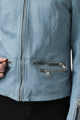 Kurzer Damen Lederbolero aus Lammnappa blue washed Look ohne Kragen