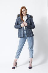 Kurzer Damen Lederparka blau vintage Look mit Kapuze und Silberfuchs