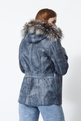 Kurzer Damen Lederparka blau vintage Look mit Kapuze und Silberfuchs