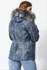 Kurzer Damen Lederparka blau vintage Look mit Kapuze und Silberfuchs
