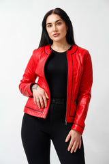 Kurzer echte Damen Lederbolero aus Lammnappa perforiert in Rot Schwarz