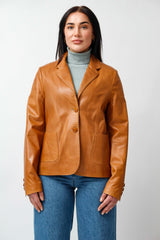 Elegante kurze Damen Blazer Lederjacke in Cognac aus Lammnappa