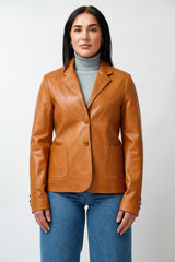 Elegante kurze Damen Blazer Lederjacke in Cognac aus Lammnappa
