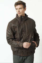Herren Lederblouson in Braun antik geschliffenes Lammleder Frontverschluss hochschließbar