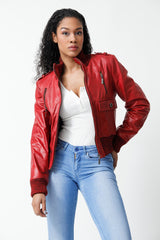 Kurzes Damen Lederjacken Blouson Lammnappa rot vintage Look mit Stoffbündchen