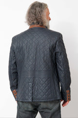 Längere Herren Lammnappalederjacke gesteppt mit Stehkragen in Blau cognac abgesetzt