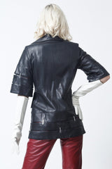 leichte halblange schwarze Damen Lederjacke mit Kurzarm