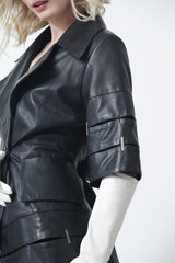 schwarze lange Damen-Lederjacke aus Lammnappa mit Kurzarm