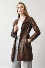 Lange echte Damen Lederjacke zum knöpfen mit Bindegürtel aus Lammnappa Braun