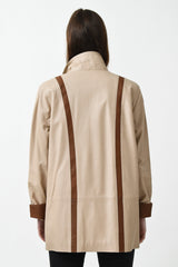 .federleichte Damen Lederjacke aus Lammnappa in creme mit Braun abgesetzt