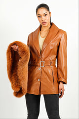 Längere Damen Lederjacke aus Lammnappa mit Blaufuchskragen in cognac