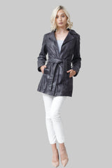 sportlicher Damen Kurzmantel in Leder mit Gürtel in Lammnappa anthrazit