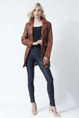 Brauner leichter Damen Ledermantel mit Gürtel