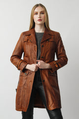 Lange sportliche echte Damen Lederjacke in Lammnappa mit Gürtel in Kastanie