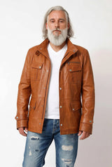 Sportlicher Herren Lammnappalederparka in Cognac washed Look unwattiert mit Stehkragen